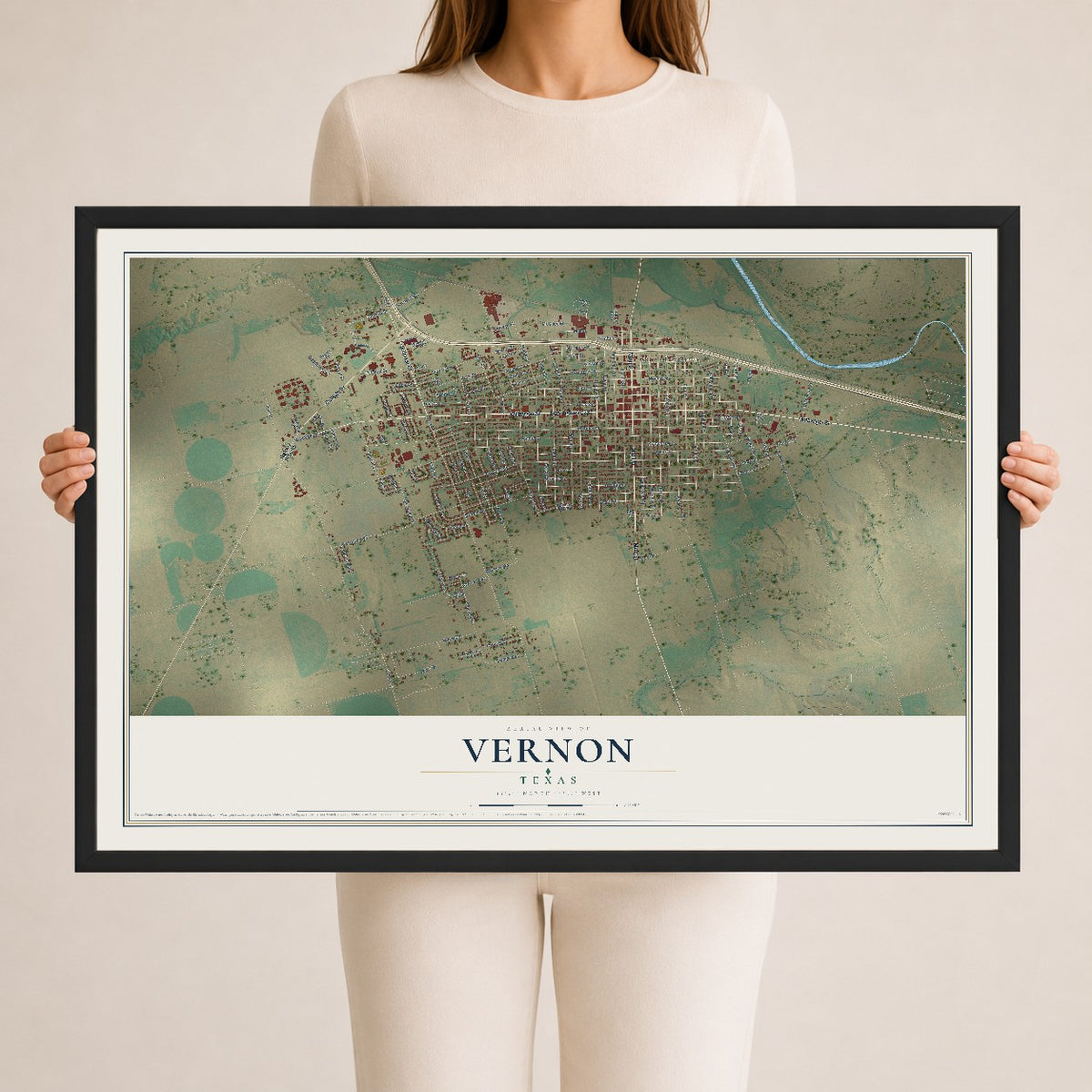 Map of Vernon, Texas, 24 x 36 inch print in a black wood frame