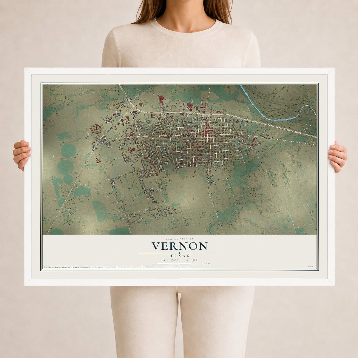 Map of Vernon, Texas, 24 x 36 inch print in a white wood frame