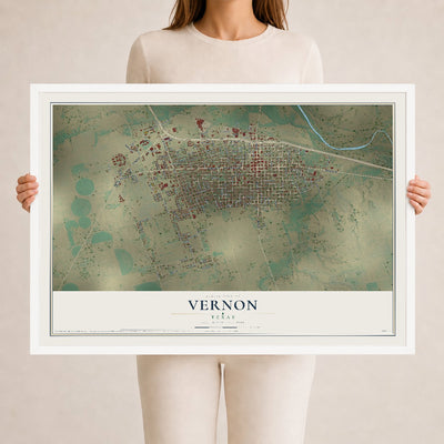 Map of Vernon, Texas, 24 x 36 inch print in a white wood frame