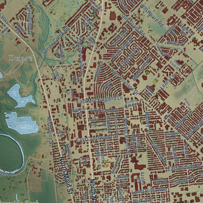 Close-up of the map of Victoria, Texas print showing street and building detail