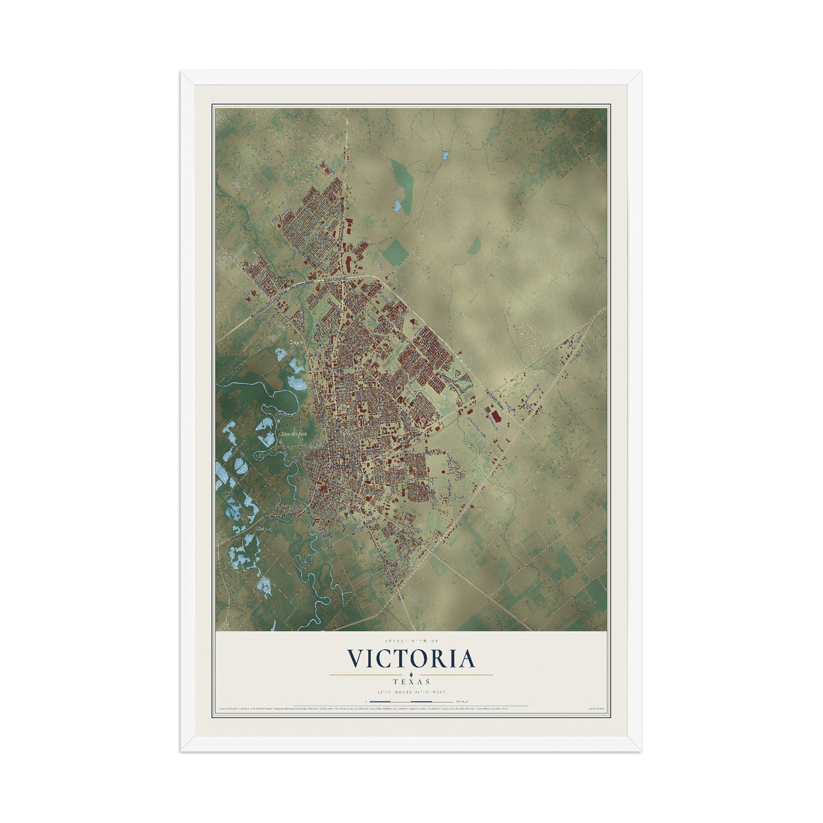 Map of Victoria, Texas, 12 x 18 inch print in a white wood frame