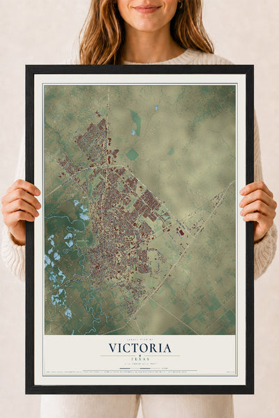 Map of Victoria, Texas, 18 x 24 inch print in a black wood frame