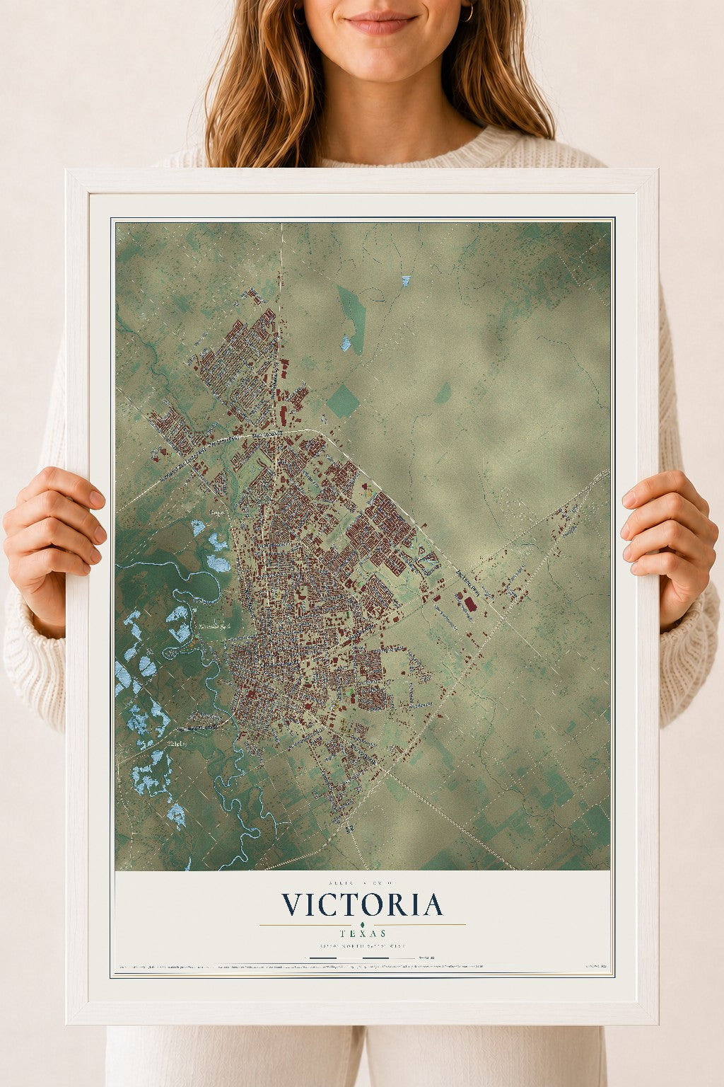 Map of Victoria, Texas, 18 x 24 inch print in a white wood frame
