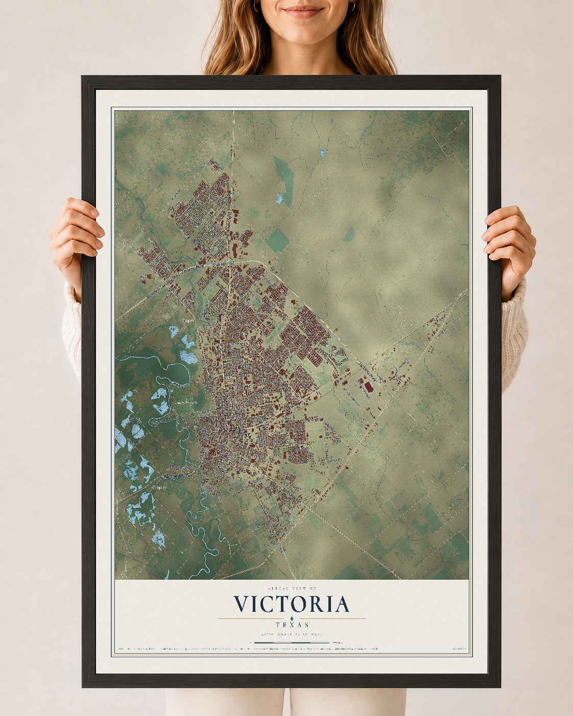 Map of Victoria, Texas, 24 x 36 inch print in a black wood frame