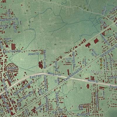 Close-up of the map of Vidor, Texas print showing street and building detail