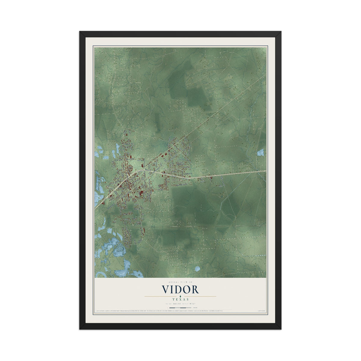 Map of Vidor, Texas, 12 x 18 inch print in a black wood frame
