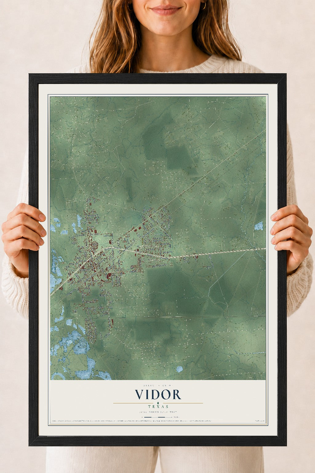 Map of Vidor, Texas, 18 x 24 inch print in a black wood frame