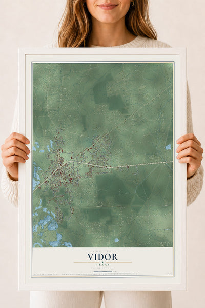 Map of Vidor, Texas, 18 x 24 inch print in a white wood frame