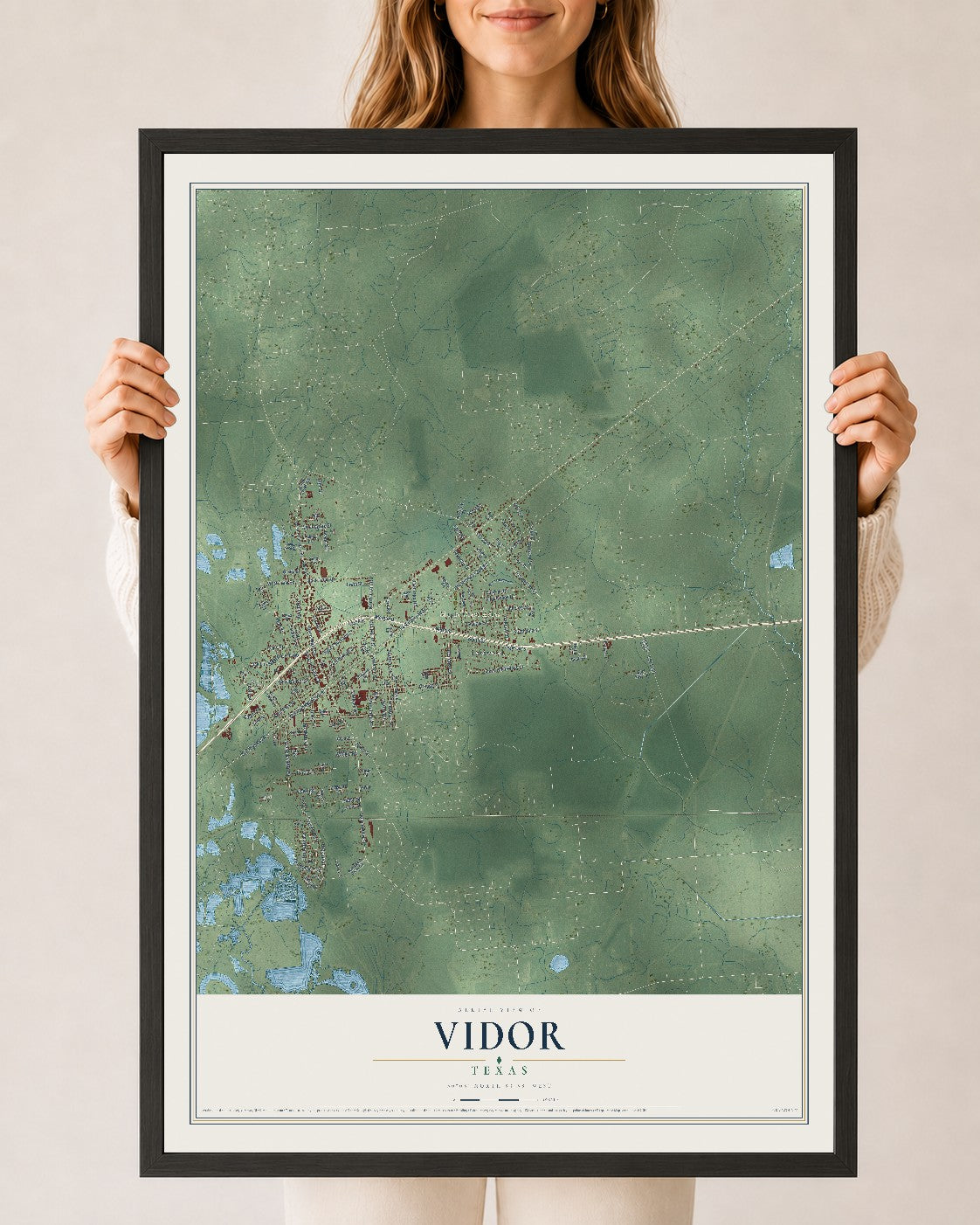 Map of Vidor, Texas, 24 x 36 inch print in a black wood frame