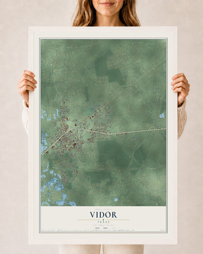 Map of Vidor, Texas, 24 x 36 inch print in a white wood frame