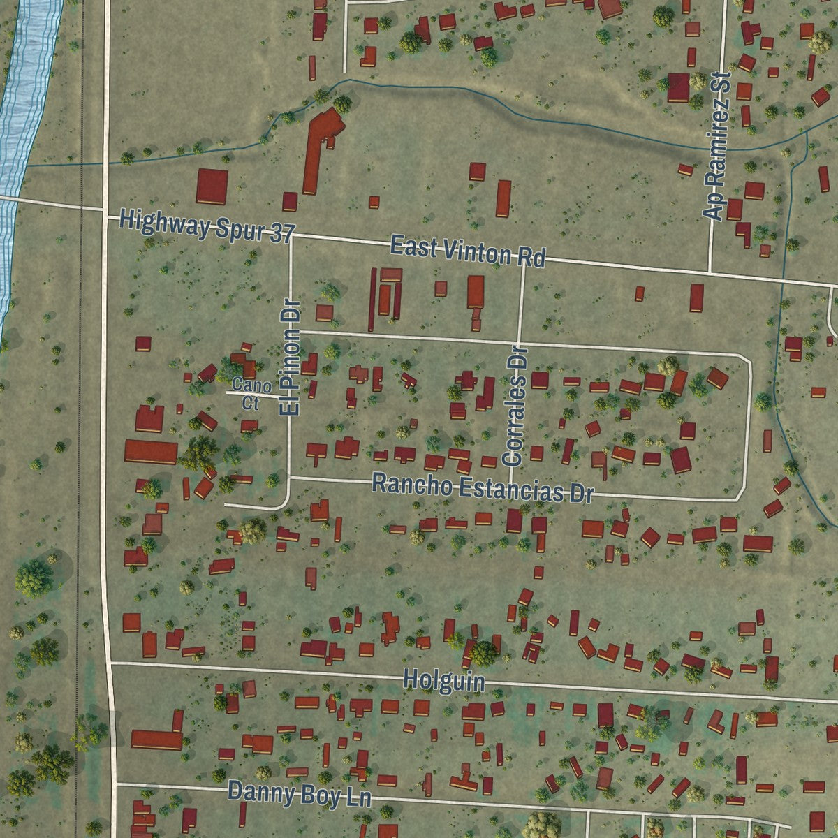 Close-up of the map of Vinton, Texas print showing street and building detail