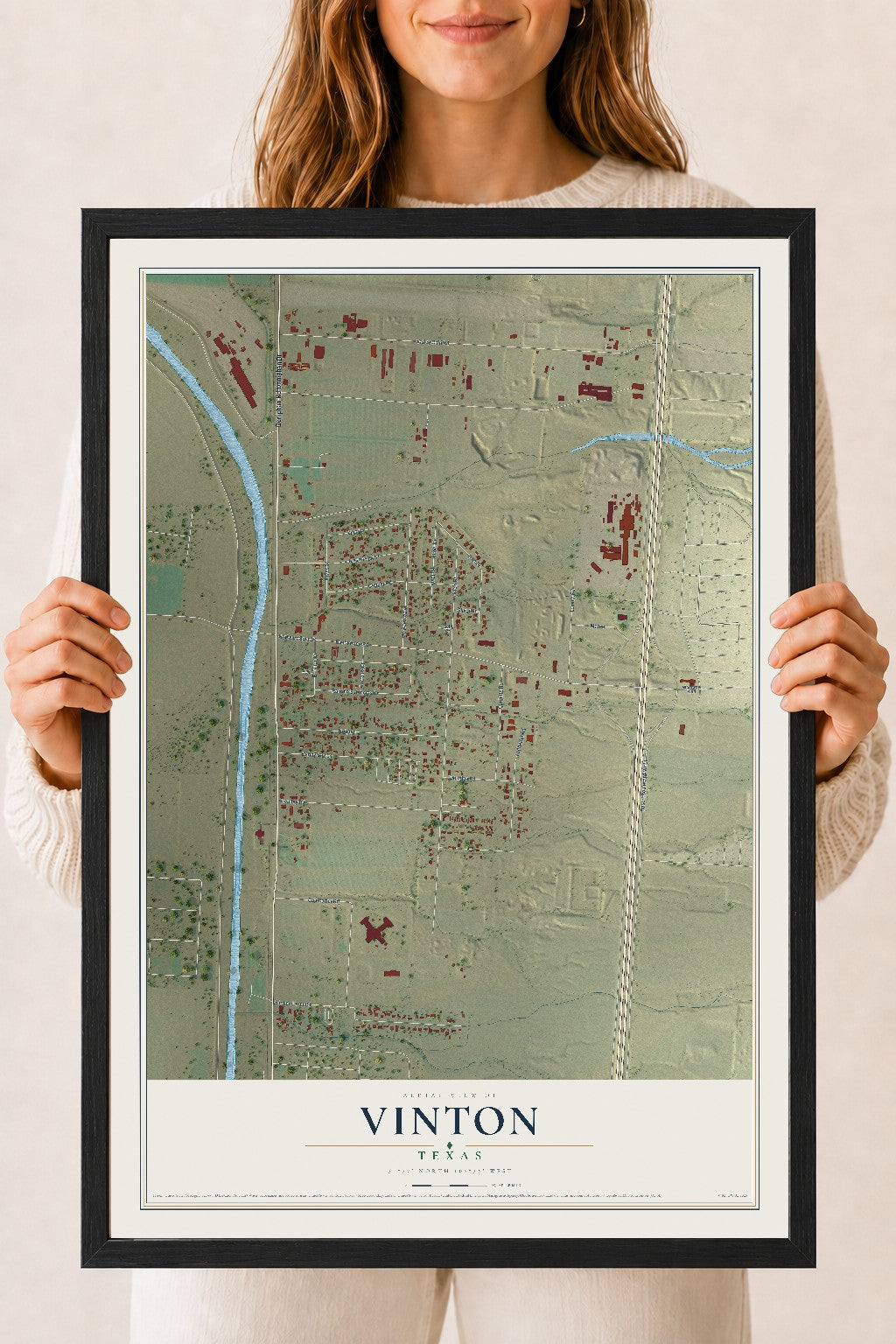 Map of Vinton, Texas, 18 x 24 inch print in a black wood frame