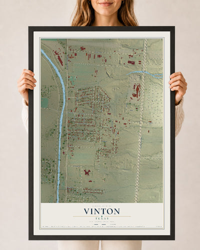 Map of Vinton, Texas, 24 x 36 inch print in a black wood frame