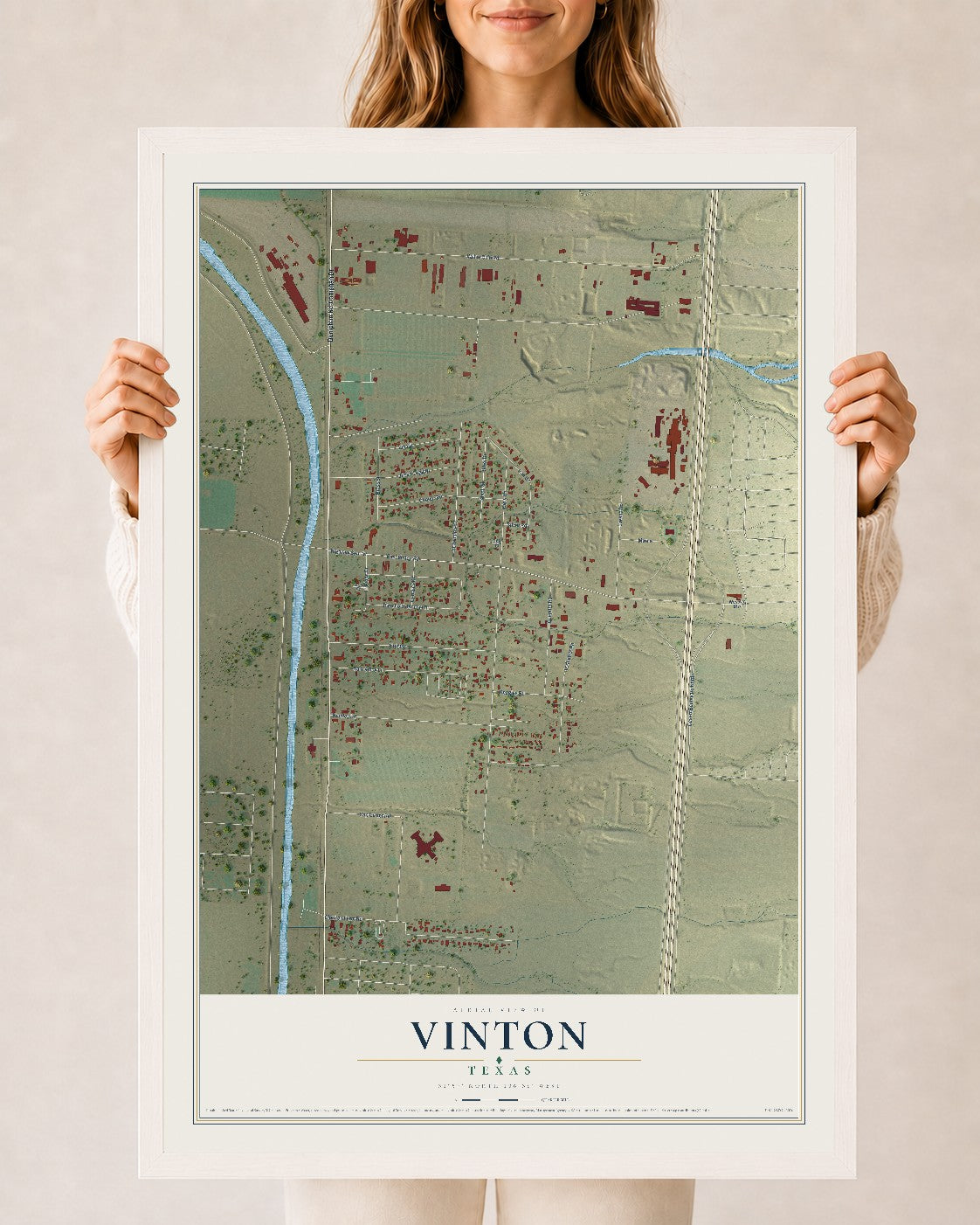 Map of Vinton, Texas, 24 x 36 inch print in a white wood frame