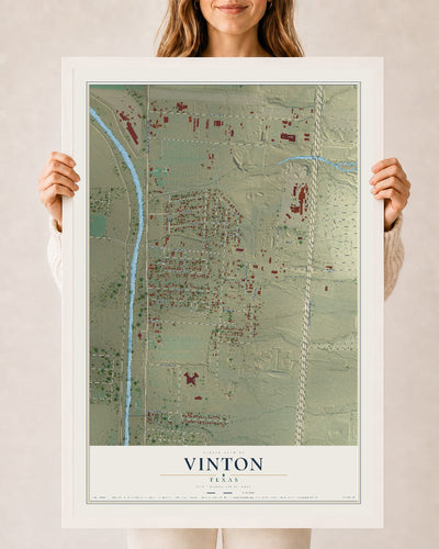 Map of Vinton, Texas, 24 x 36 inch print in a white wood frame