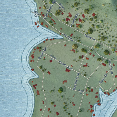 Close-up of the map of Volente, Texas print showing street and building detail