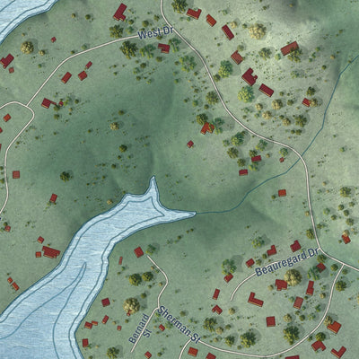 Second close-up of the map of Volente, Texas print showing more streets and buildings