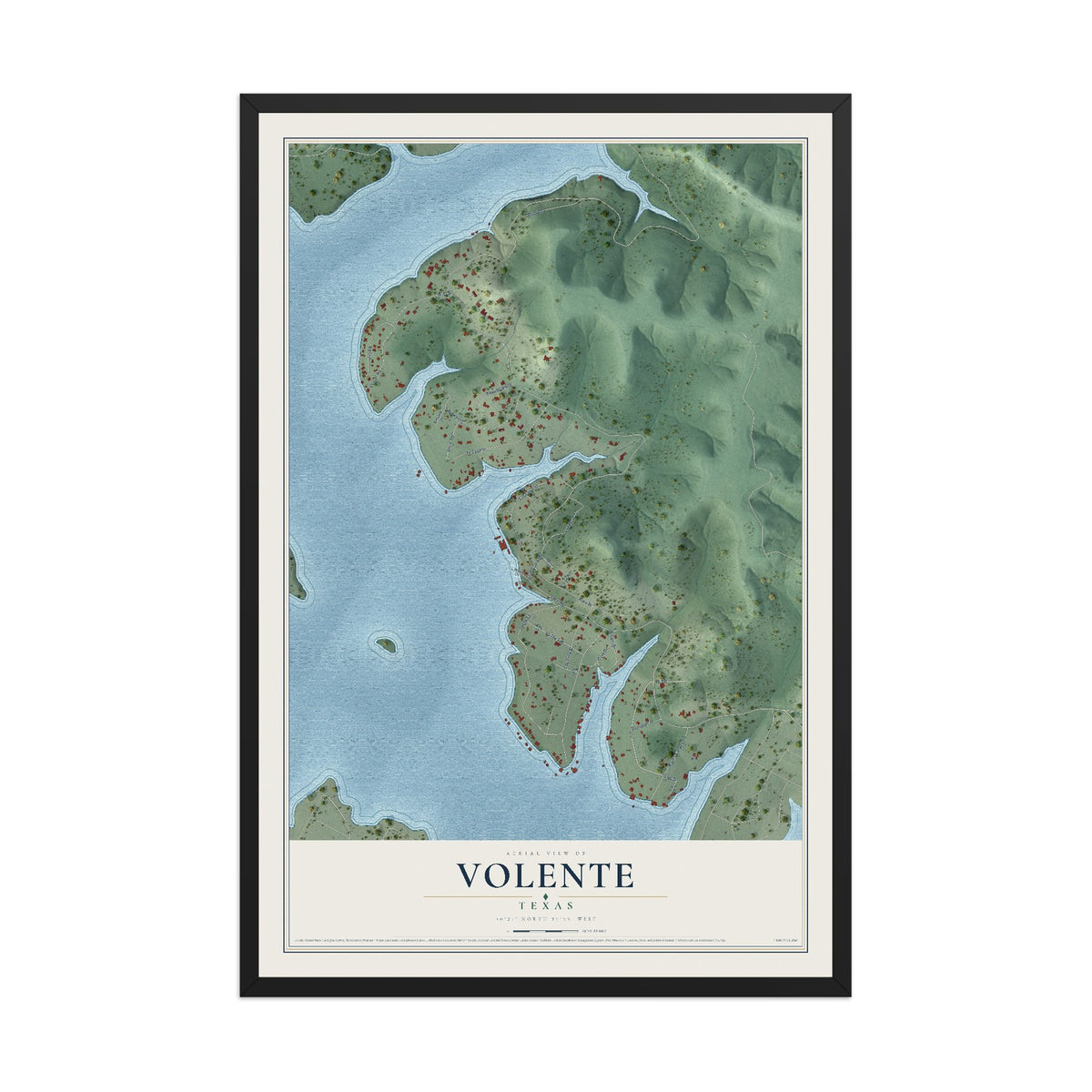Map of Volente, Texas, 12 x 18 inch print in a black wood frame