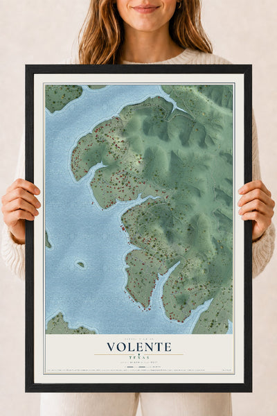 Map of Volente, Texas, 18 x 24 inch print in a black wood frame