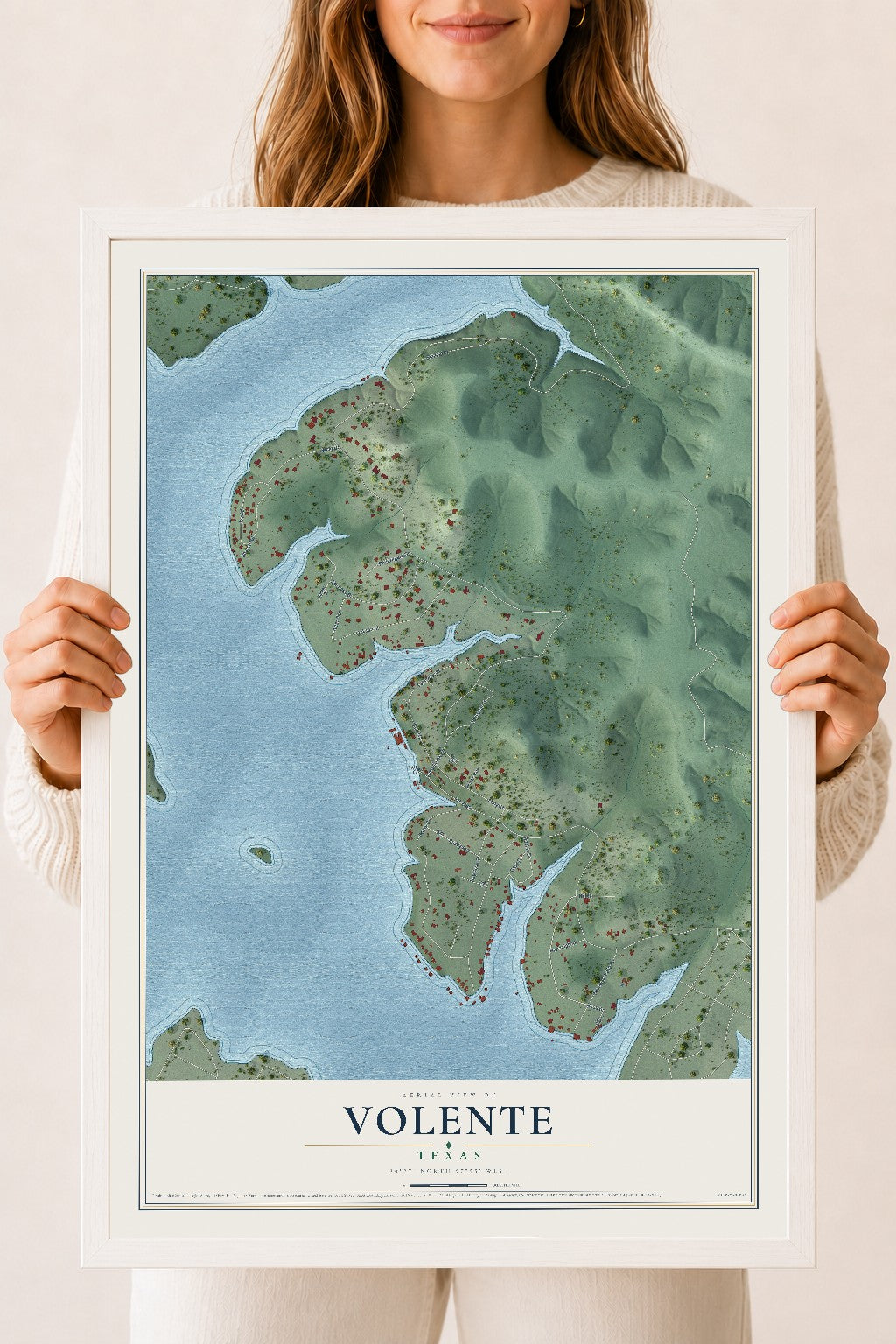 Map of Volente, Texas, 18 x 24 inch print in a white wood frame