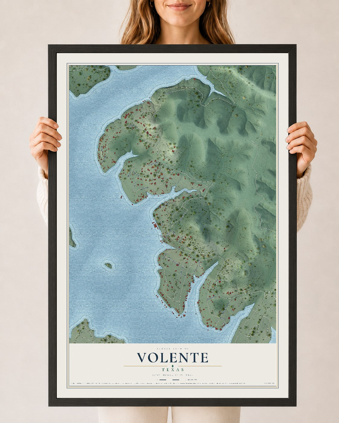 Map of Volente, Texas, 24 x 36 inch print in a black wood frame