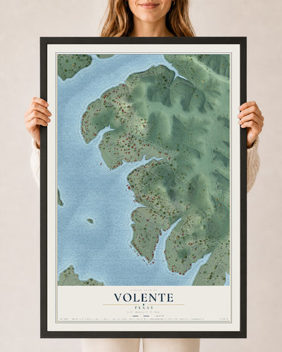 Map of Volente, Texas, 24 x 36 inch print in a black wood frame