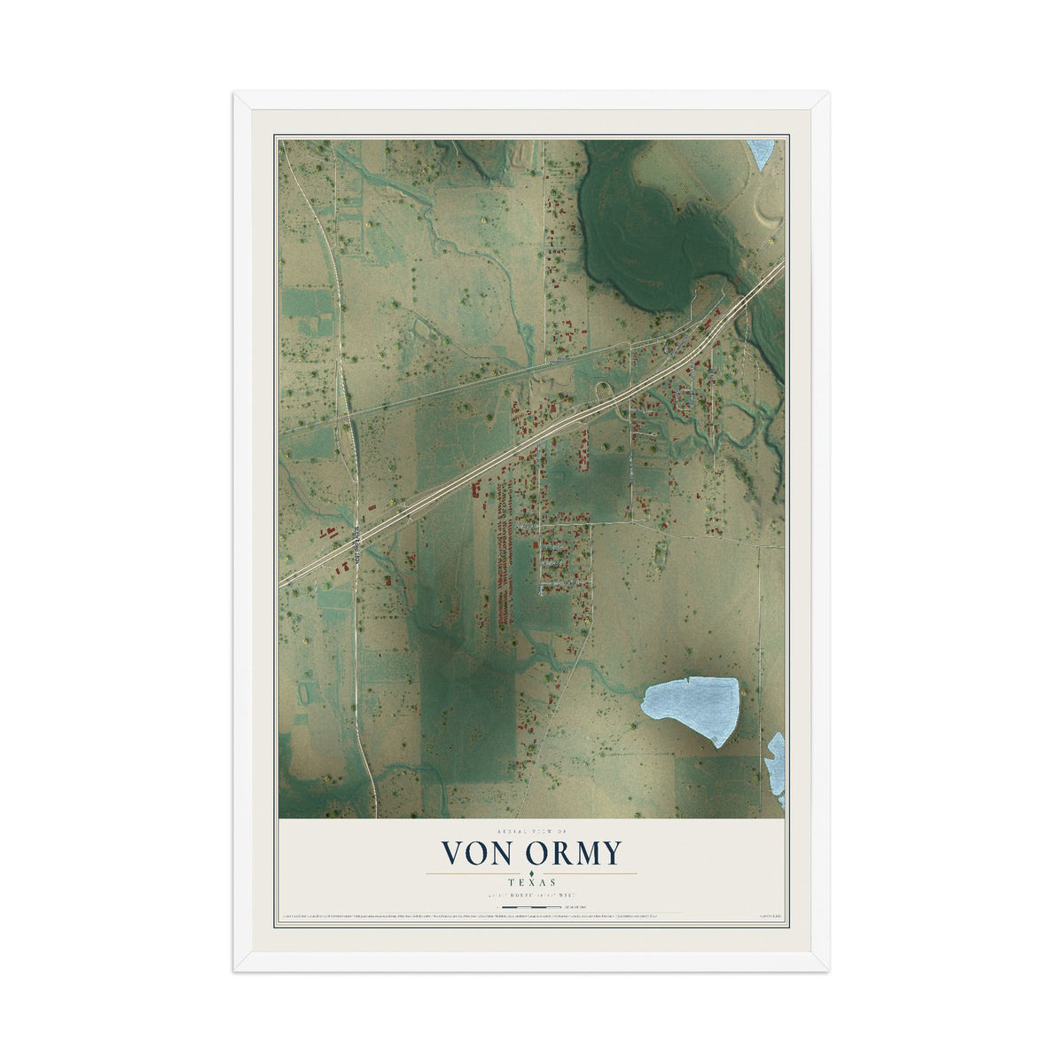 Map of Von Ormy, Texas, 12 x 18 inch print in a white wood frame