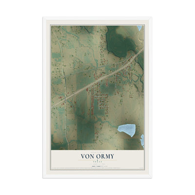 Map of Von Ormy, Texas, 12 x 18 inch print in a white wood frame
