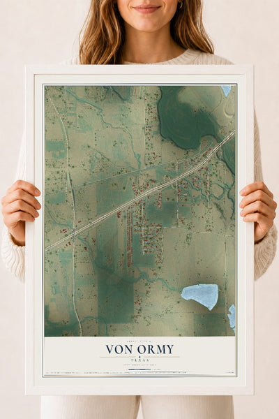Map of Von Ormy, Texas, 18 x 24 inch print in a white wood frame
