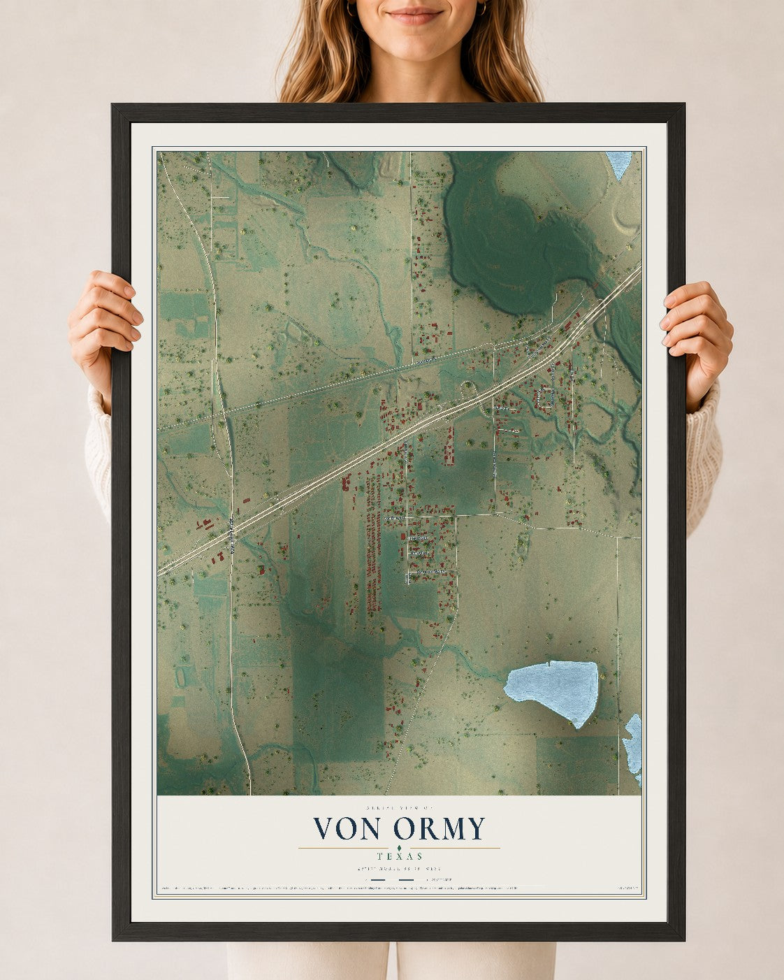 Map of Von Ormy, Texas, 24 x 36 inch print in a black wood frame