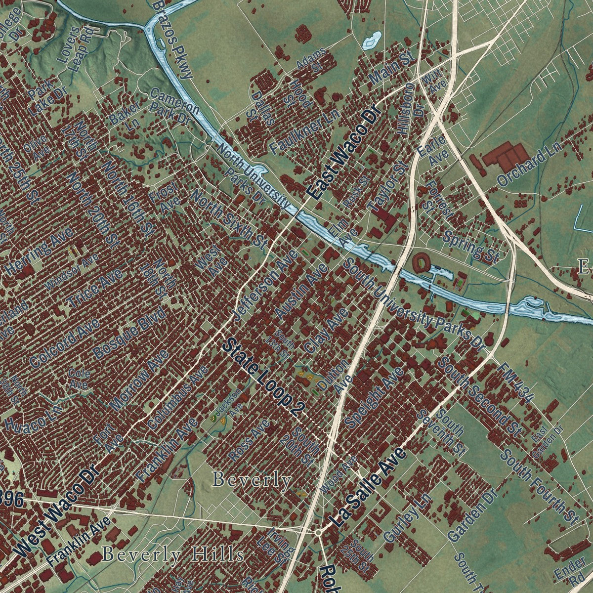 Close-up of the map of Waco, Texas print showing street and building detail