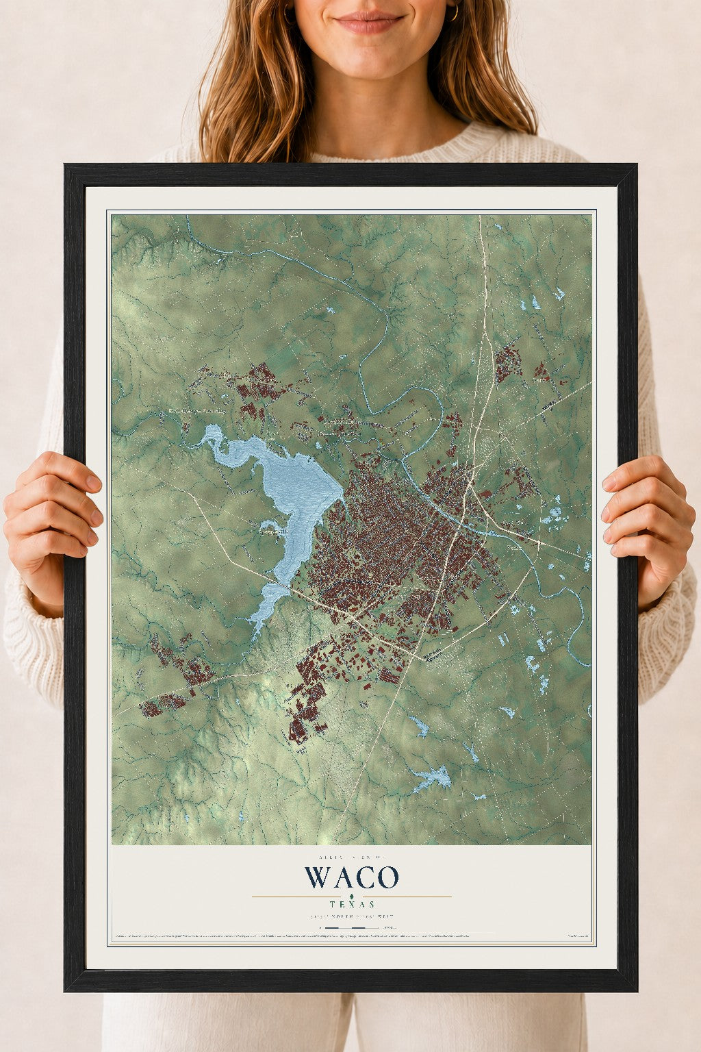 Map of Waco, Texas, 18 x 24 inch print in a black wood frame
