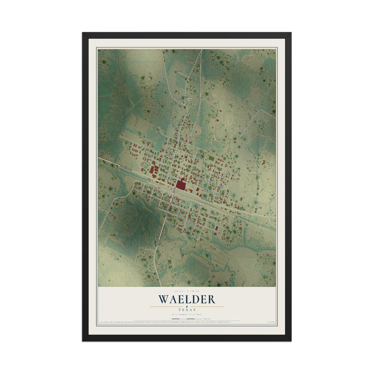 Map of Waelder, Texas, 12 x 18 inch print in a black wood frame