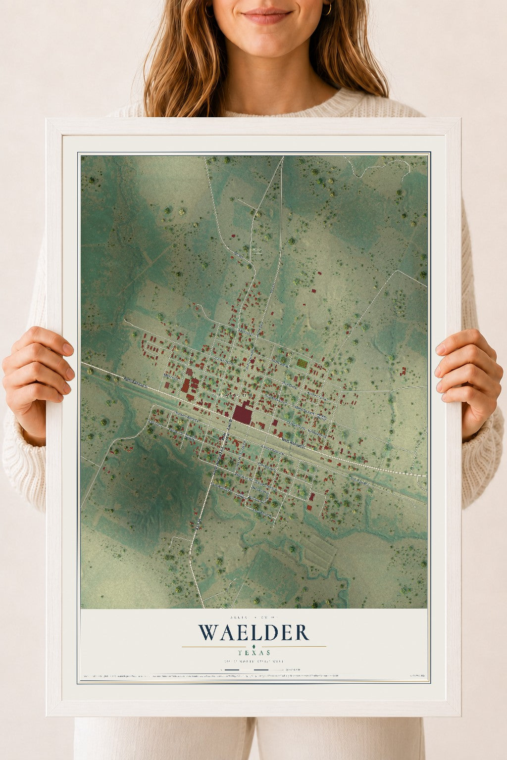 Map of Waelder, Texas, 18 x 24 inch print in a white wood frame