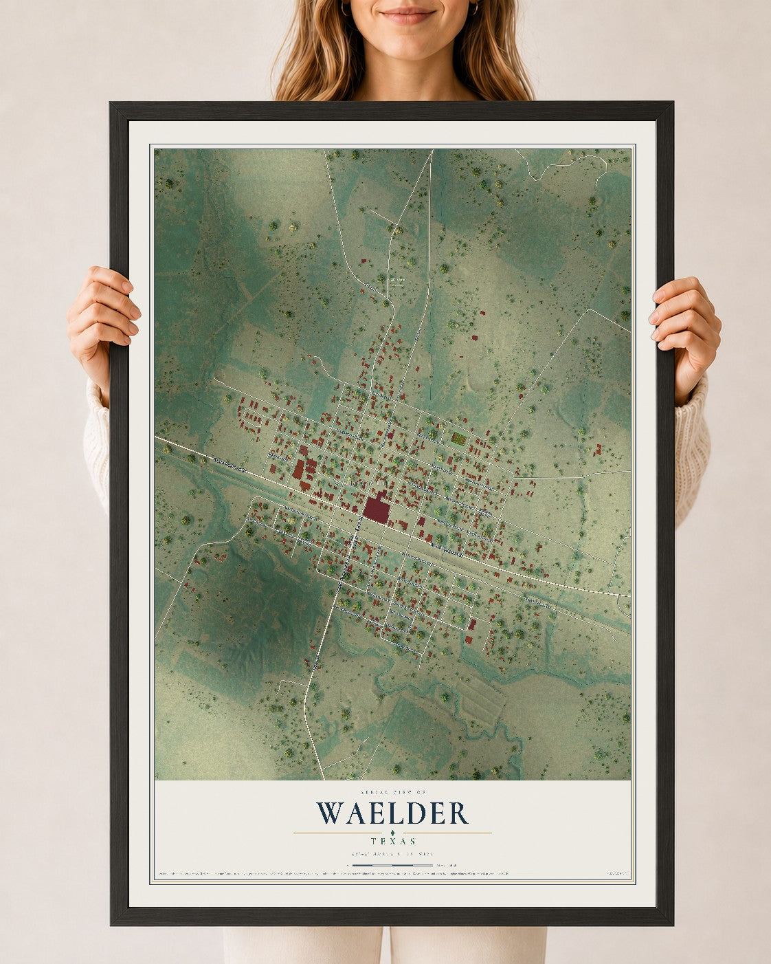 Map of Waelder, Texas, 24 x 36 inch print in a black wood frame