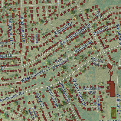Close-up of the map of Wake Village, Texas print showing street and building detail