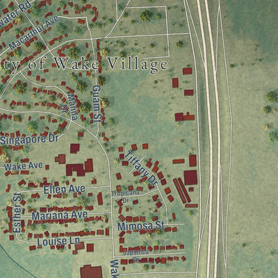 Second close-up of the map of Wake Village, Texas print showing more streets and buildings