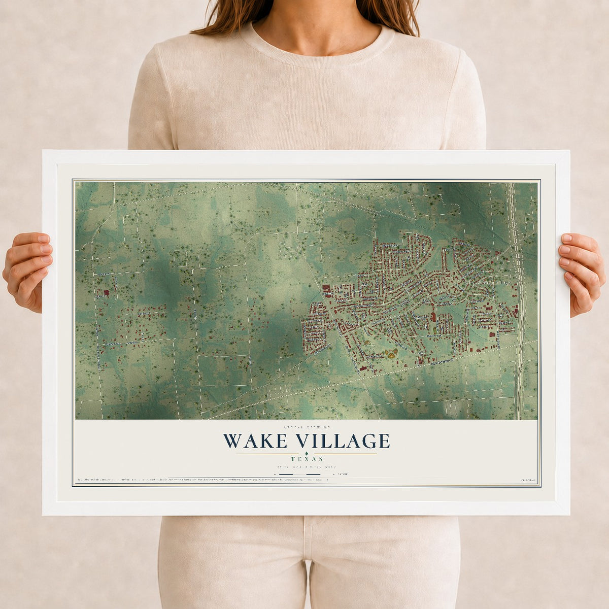 Map of Wake Village, Texas, 12 x 18 inch print in a white wood frame