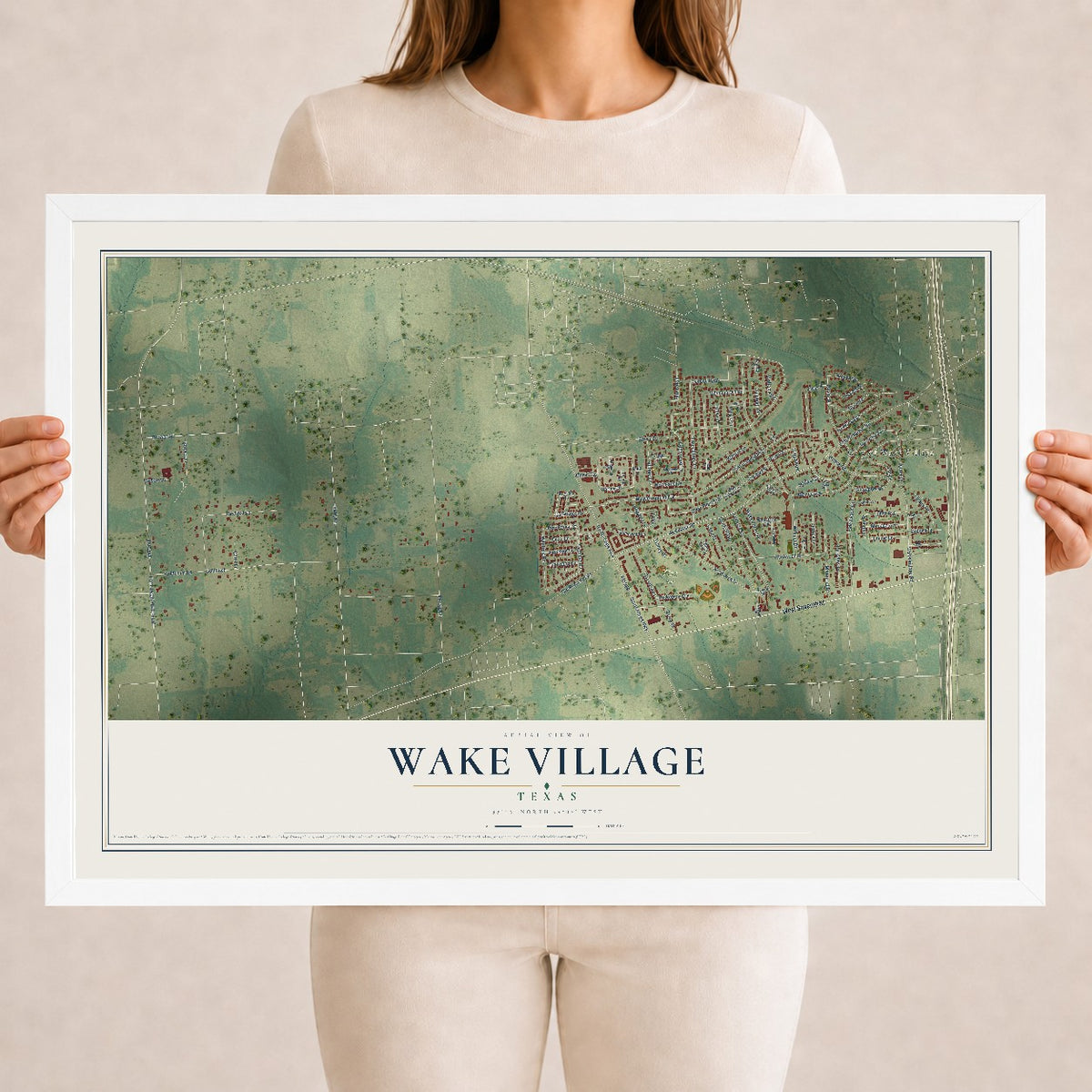 Map of Wake Village, Texas, 18 x 24 inch print in a white wood frame
