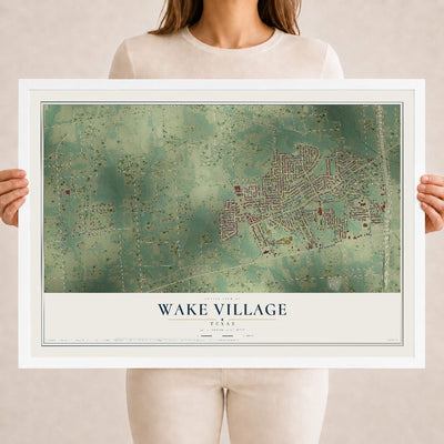 Map of Wake Village, Texas, 18 x 24 inch print in a white wood frame