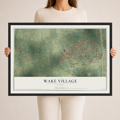 Map of Wake Village, Texas, 24 x 36 inch print in a black wood frame