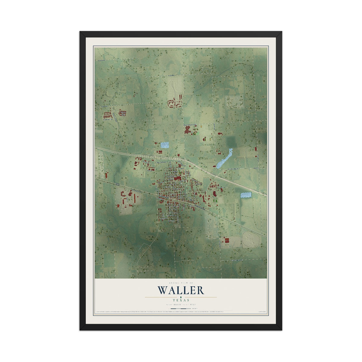 Map of Waller, Texas, 12 x 18 inch print in a black wood frame