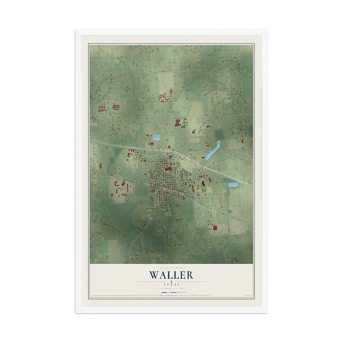 Map of Waller, Texas, 12 x 18 inch print in a white wood frame