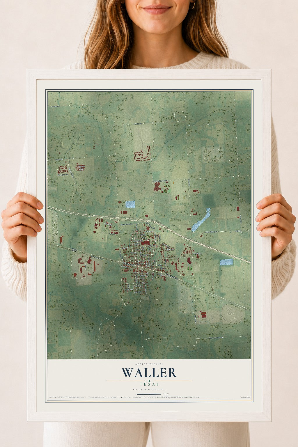 Map of Waller, Texas, 18 x 24 inch print in a white wood frame