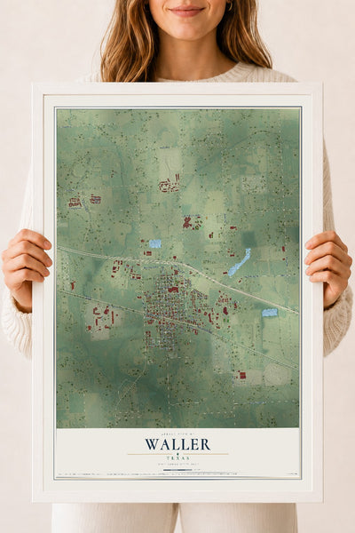 Map of Waller, Texas, 18 x 24 inch print in a white wood frame