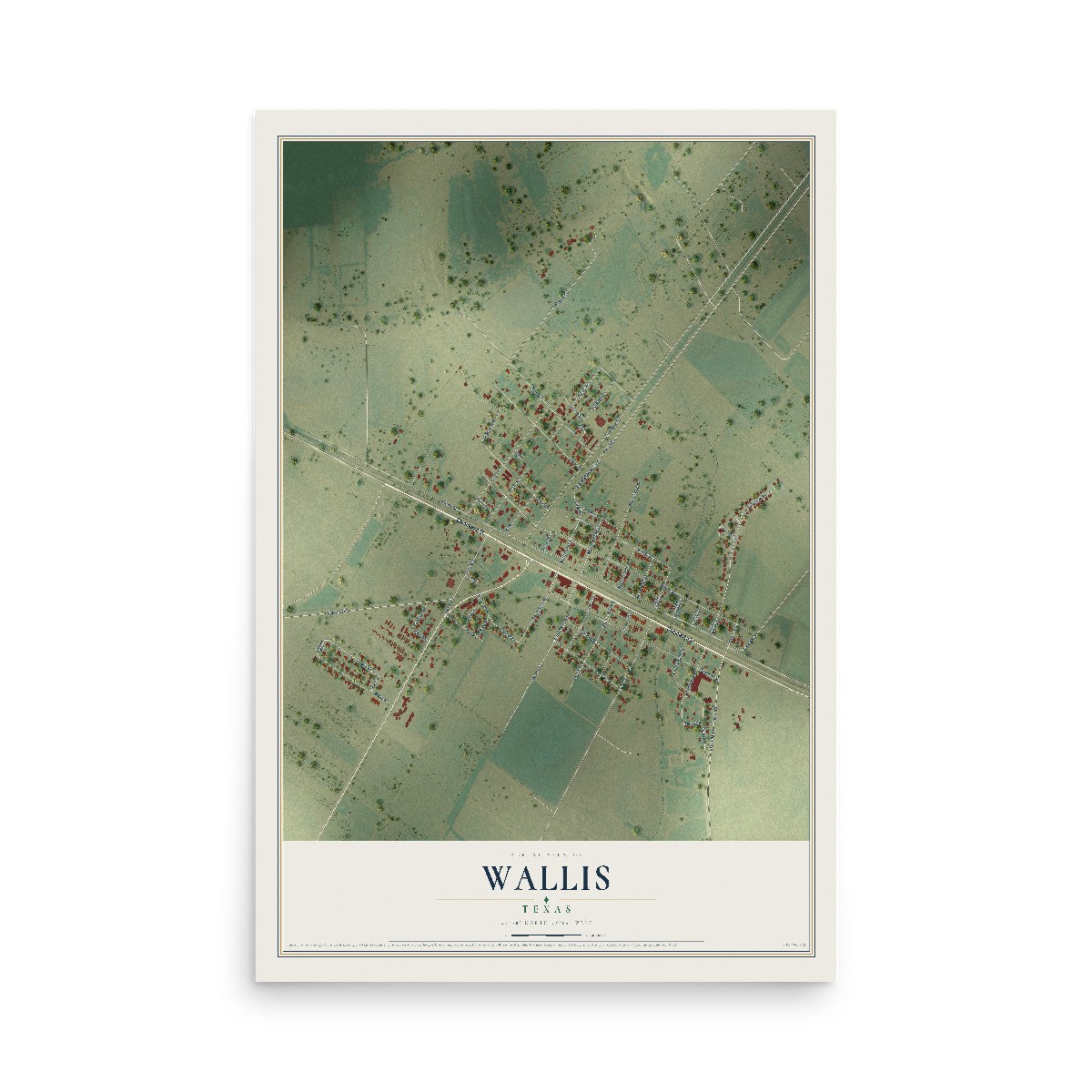 Map of Wallis, Texas, 12 x 18 inch unframed archival matte print