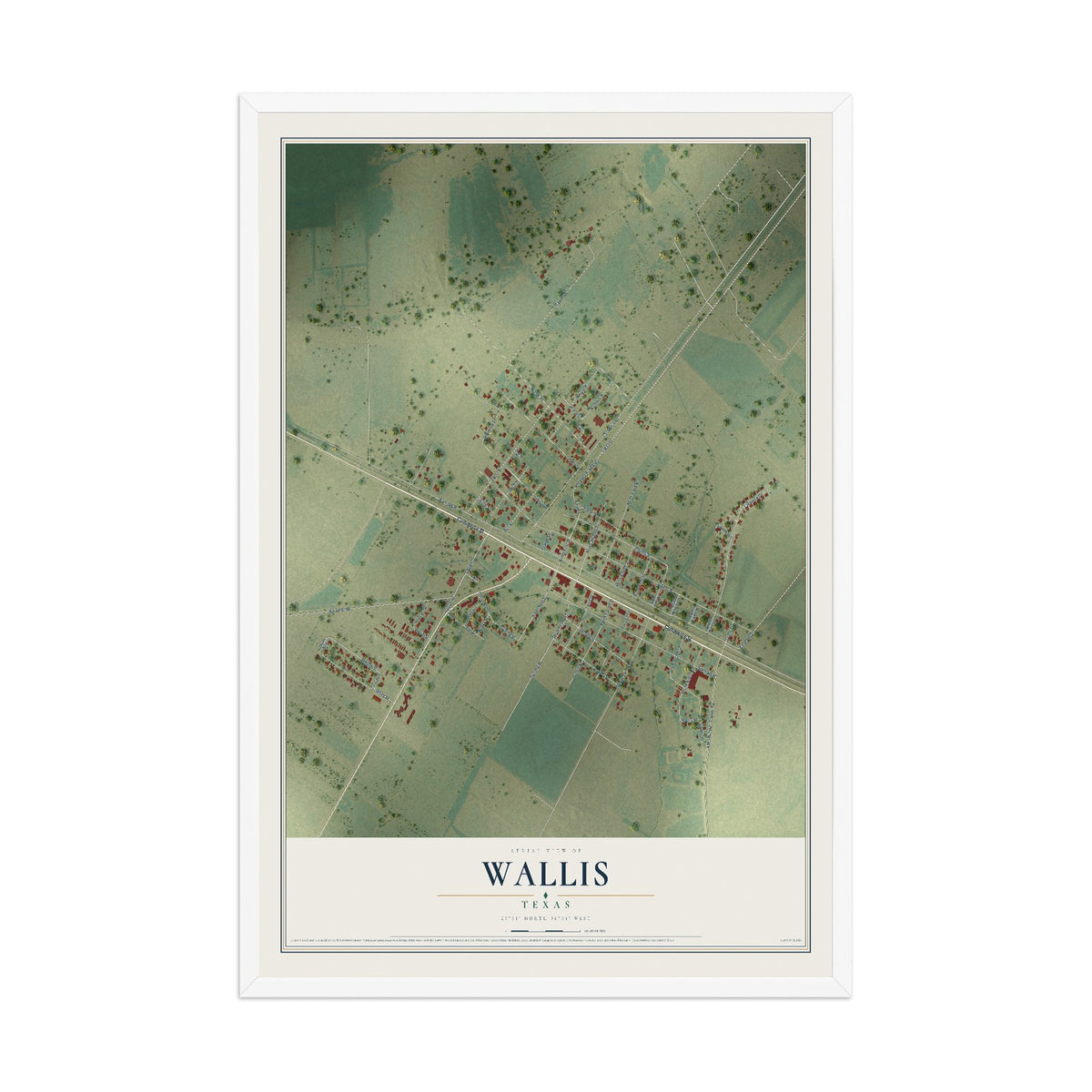 Map of Wallis, Texas, 12 x 18 inch print in a white wood frame