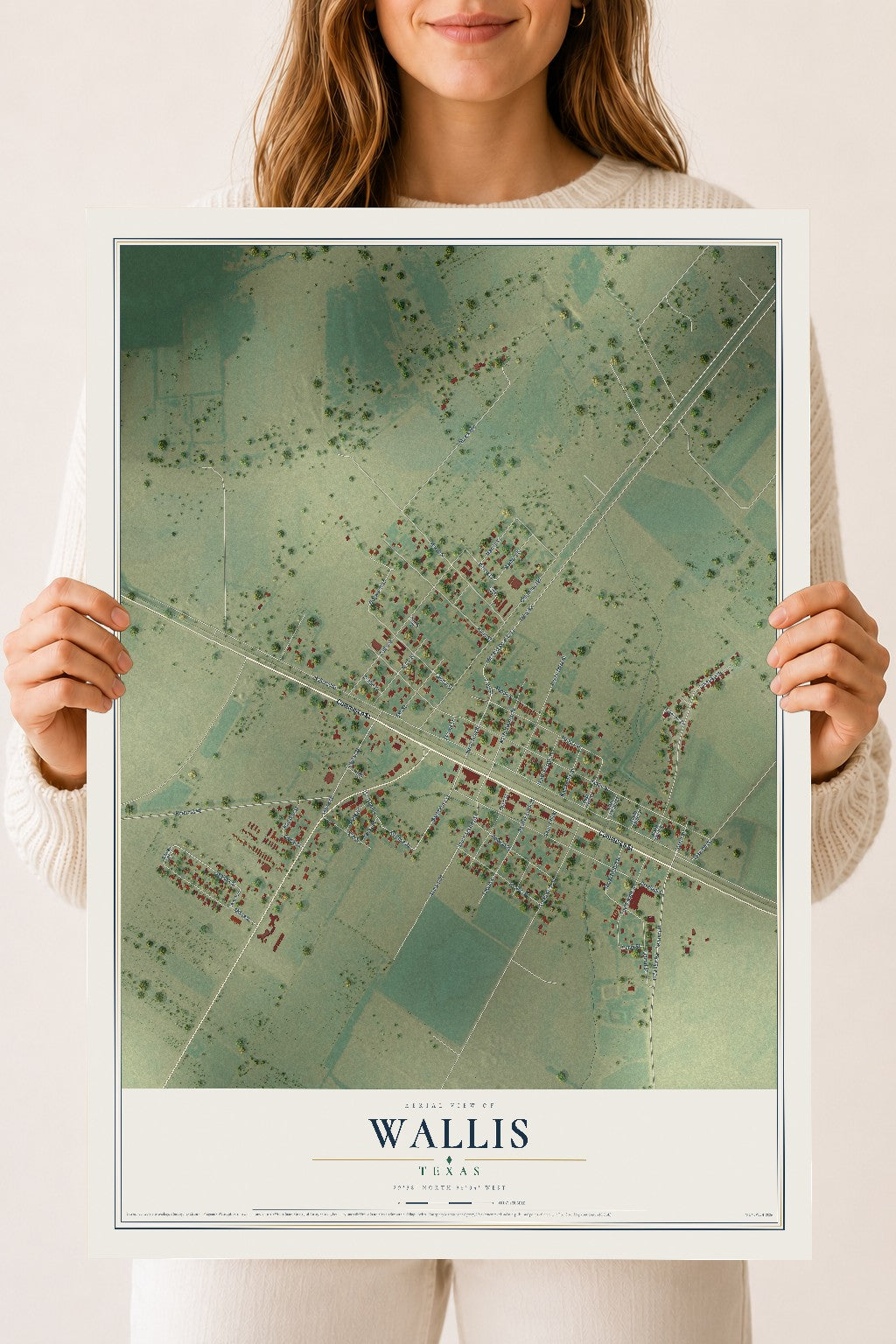 Map of Wallis, Texas, 18 x 24 inch unframed archival matte print
