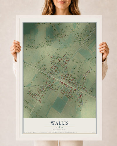 Map of Wallis, Texas, 24 x 36 inch print in a white wood frame
