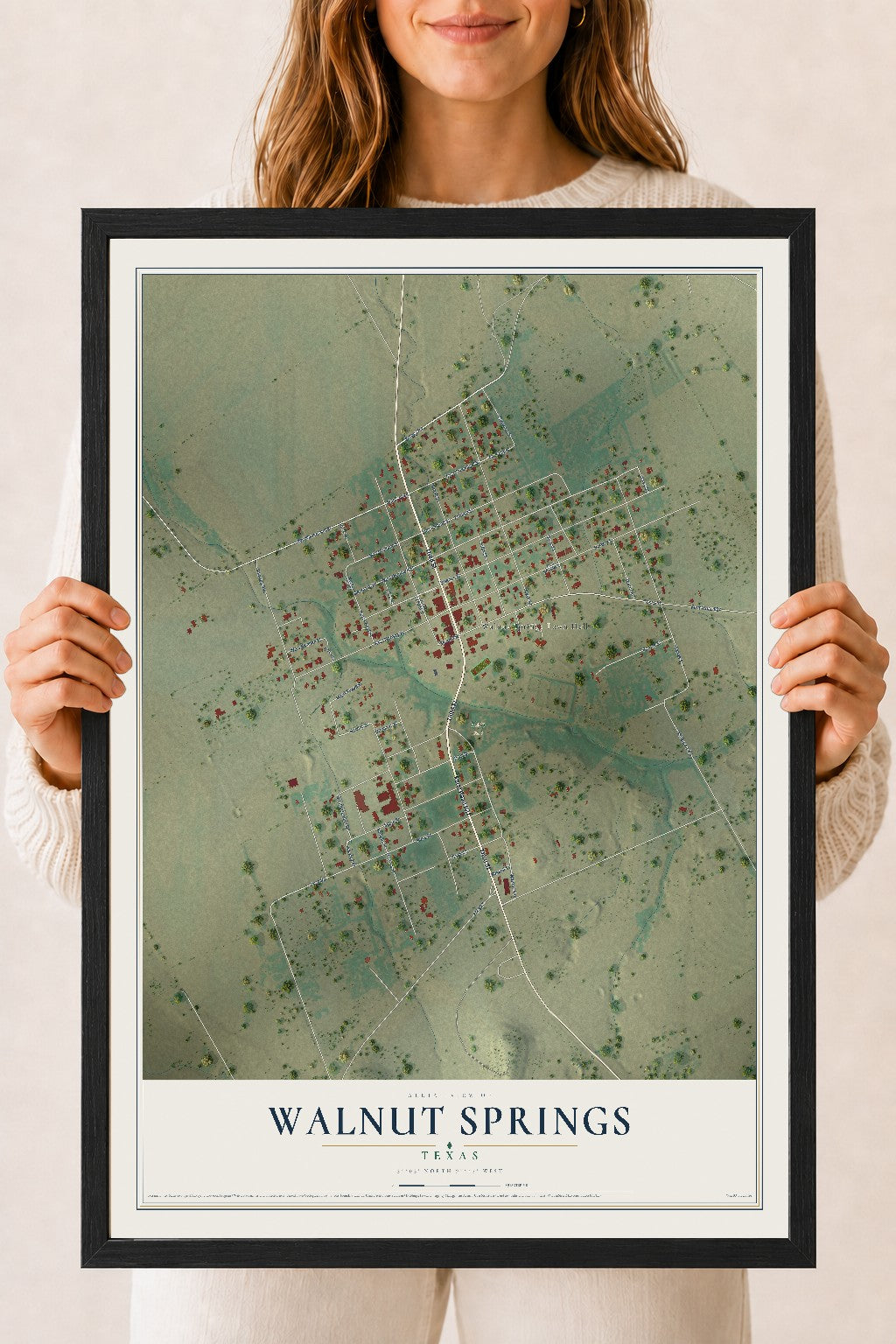 Map of Walnut Springs, Texas, 18 x 24 inch print in a black wood frame